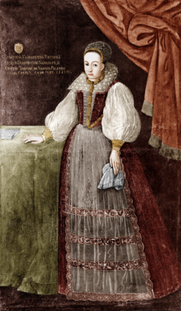 Portrait of Countess Elizabeth Báthory wearing red and white gown from 16th-century Hungary
