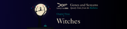 Genes and Screams Chapter Three: Witches banner with a witch flying past a full moon and a bubbling cauldron