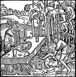 15th-century woodcut of Vlad the Impaler dining while victims are impaled on stakes