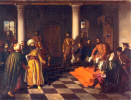 Painting of Vlad the Impaler meeting Turkish envoys in a hall with guards and courtiers