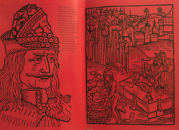 Two red-toned woodcuts of Vlad the Impaler and impaled victims from 16th-century Europe