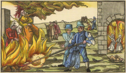1555 woodcut showing accused witches burned at the stake in Derenburg, Germany, before a crowd