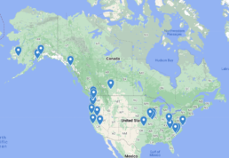 North America map with pins showing Perkins family ancestor locations from 1732 to 2023