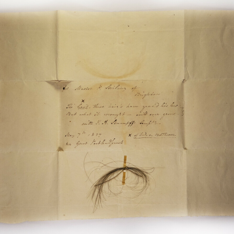 The Stumpff Lock, from which Beethoven’s whole genome was sequenced, with inscription by former owner Patrick Stirling Image credit: Kevin Brown.