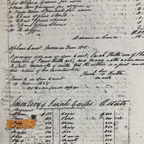 1828 Josiah Gayle estate inventory listing July by name, a key record in tracing the Jackson family paternal lineage