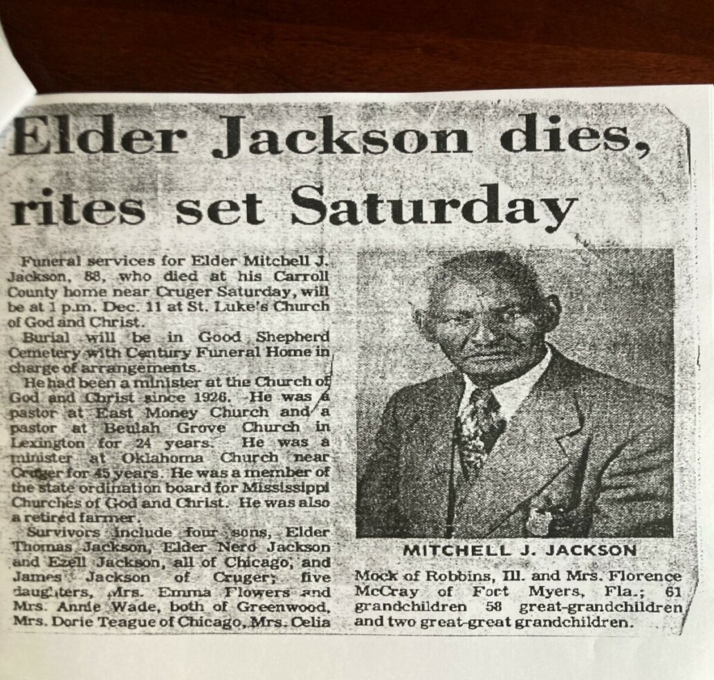 Newspaper obituary for Elder Mitchell Jackson, son of Nero Jackson and ancestor in Michael Jackson's paternal family tree