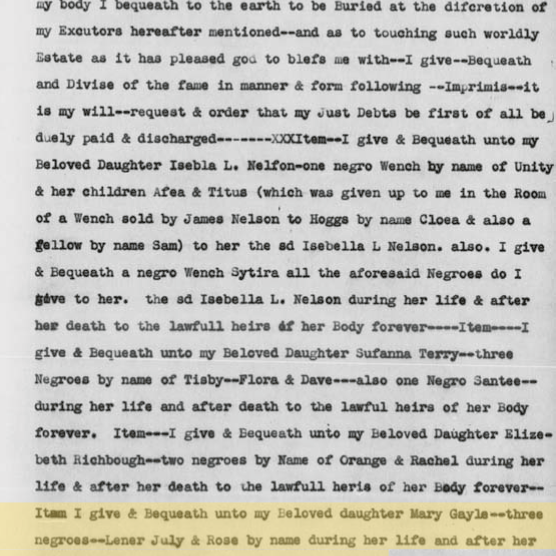 1804 will of James Richbourg bequeathing July, a key document tracing Michael Jackson's paternal lineage