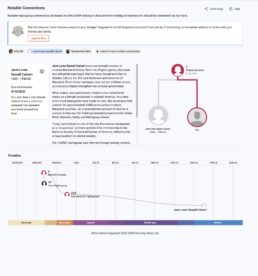 mtDNA Notable Connections report showing shared maternal haplogroup link to a historical figure with timeline