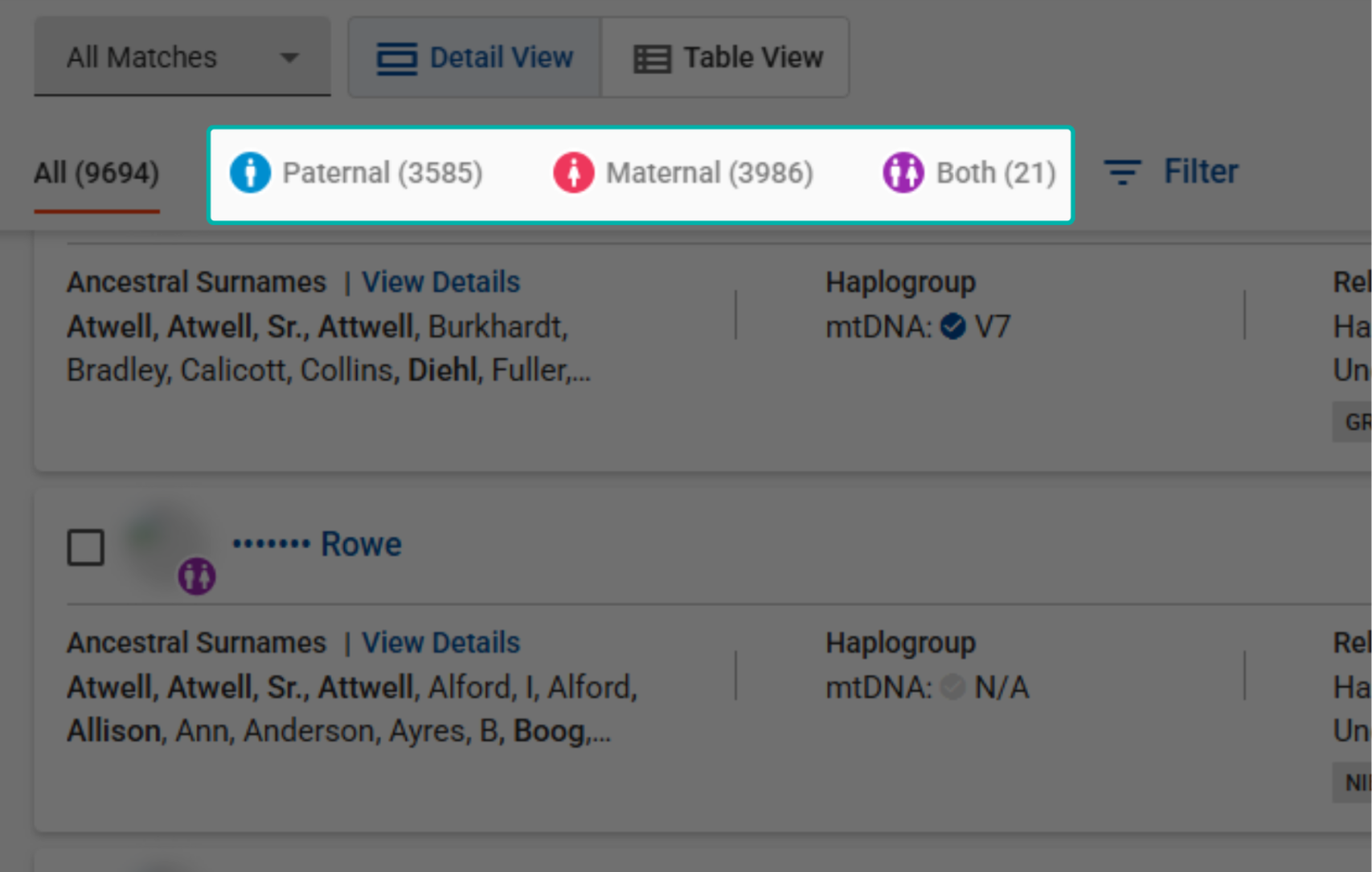 Family Finder Family Matching filters showing paternal, maternal, and both DNA match groupings