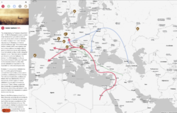ancientOrigins map showing selected population with migration paths and detailed description of ancient DNA group