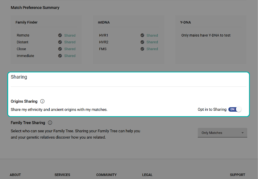 Account settings showing Origins Sharing toggle enabled to share DNA origin results with matches