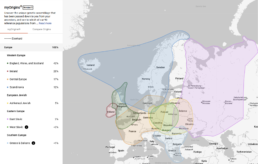 myOrigins report showing population percentages and color-coded map of ancestral regions in autosomal DNA results