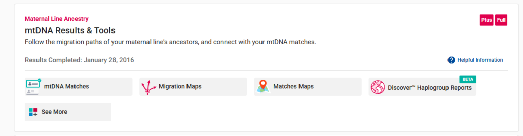 Screenshot of the mtDNA Results & Tools section on the FamilyTreeDNA dashboard. The interface provides access to key mtDNA features, including mtDNA Matches, Migration Maps, Matches Maps, and the new Discover™ Haplogroup Reports (Beta). A 'See More' button expands additional tools, while a 'Helpful Information' link offers further guidance. This section allows users to explore their maternal lineage and connect with matches.