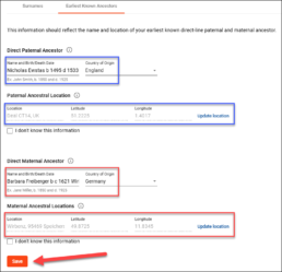 Screenshot of the FamilyTreeDNA 'Earliest Known Ancestors' section. The image highlights fields for entering direct paternal and maternal ancestors' names, birth/death dates, and countries of origin. Locations, latitude, and longitude details are also shown, with a red arrow pointing to the 'Save' button to finalize updates.