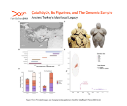 Map, figurines, and genetic data from Çatalhöyük illustrating Neolithic matrilocality through mitochondrial DNA analysis, sex estimation, and site chronology.