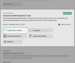 Screenshot of the FamilyTreeDNA dashboard showing the Family Finder DNA Results & Tools section with options for Matches, myOrigins, Chromosome Browser, and Chromosome Painter.