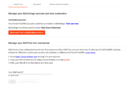 Screenshot of FamilyTreeDNA Account Settings showing the section where users can enter their WikiTree ID to connect their tree.