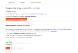Screenshot of the FamilyTreeDNA Account Settings page showing the WikiTree ID field filled in with Rowe-10332 and Save/Remove buttons visible.