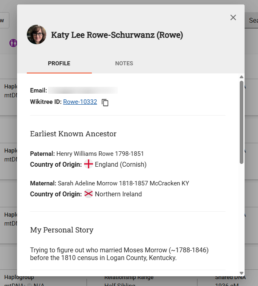 Screenshot of a FamilyTreeDNA profile card showing a user’s WikiTree ID, earliest known ancestors, and personal research note.