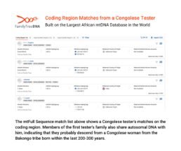 mtDNA match list showing a Congolese tester with coding region matches likely descended from a Bakongo woman within the past 300 years.