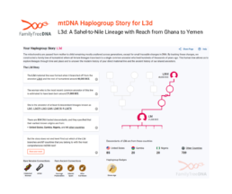 FamilyTreeDNA Haplogroup Story for L3d showing estimated divergence dates, descendant branches, and global tester origins.