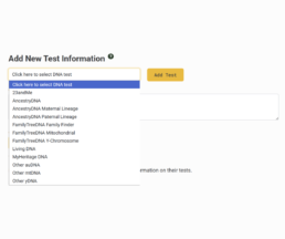 Dropdown menu on WikiTree showing DNA test options including FamilyTreeDNA, AncestryDNA, 23andMe, and other platforms, with an Add Test button.