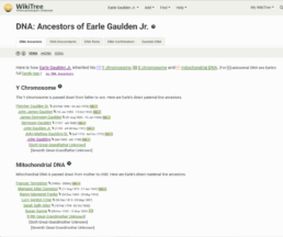 WikiTree DNA Ancestors page for Earle Gaulden Jr. showing paternal Y-DNA and maternal mitochondrial DNA lines traced through multiple generations.