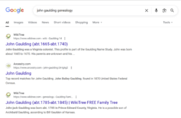 Google search results for “John Gaulding genealogy,” showing two WikiTree profile links in the top three results.
