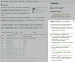WikiTree profile for John Gaulding showing a DNA Connections section with nine DNA-tested individuals, including Y-DNA and autosomal testers.