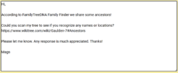 Example message generated on WikiTree to contact a DNA match, asking them to review a shared ancestor tree and reply with any connections.