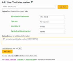 WikiTree DNA test entry form filled out for an FamilyTreeDNA mitochondrial test, showing fields for haplogroup, test type, mitoYDNA ID, and kit number.