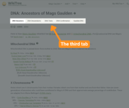 WikiTree DNA Ancestors page for Mags Gaulden with the “DNA Tests” tab highlighted in orange to show where users can enter their test information.