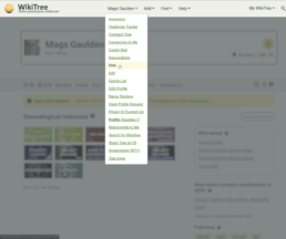 WikiTree profile dropdown menu with the DNA option highlighted, showing where existing users can access DNA-related tools and settings.
