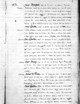 1671 Acadian census record showing Jacob Bourgeois family, including two daughters named Jeanne, a common French surname research challenge.
