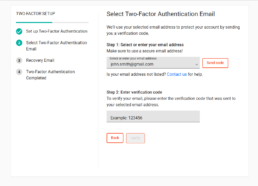 Select your email and send a code to begin 2FA setup, protecting your FamilyTreeDNA account and DNA results.