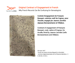 1697 French contract of engagement for François Basquet to Acadia, showing archaic handwriting challenges in genealogy records. (121 characters)