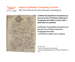 1720 French certificate of ownership for ship Le Profond, showing challenges of archaic handwriting and old French records. (123 characters)