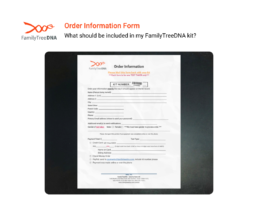 White FamilyTreeDNA Order Information Form with fields for contact details, payment info, and kit number at the top.