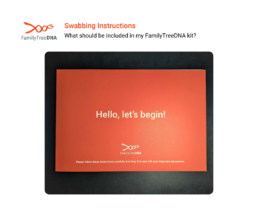 FamilyTreeDNA swabbing instructions booklet with a red-orange cover that says “Hello, let’s begin!” in white text.