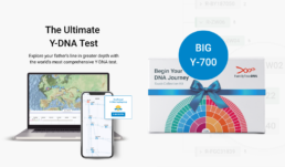 Big Y-700 DNA test kit beside laptop and phone showing paternal haplogroup map and migration path results.