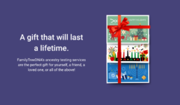FamilyTreeDNA gift cards with holiday designs for Christmas, Kwanzaa, and Hanukkah wrapped in a red ribbon.