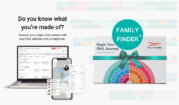 Family Finder DNA test kit beside laptop and phone showing ancestry results.