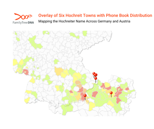 Overlay map showing Hochreit towns and surname frequency across southern Germany and Austria.