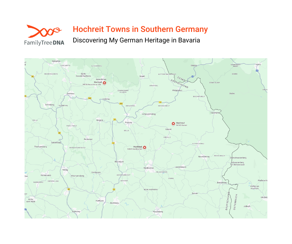 Map showing Hochreit villages in southern Germany linked to the Hochreiter surname and German ancestry.