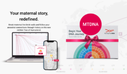 mtDNA DNA test kit beside laptop and phone showing maternal haplogroup results and migration map.
