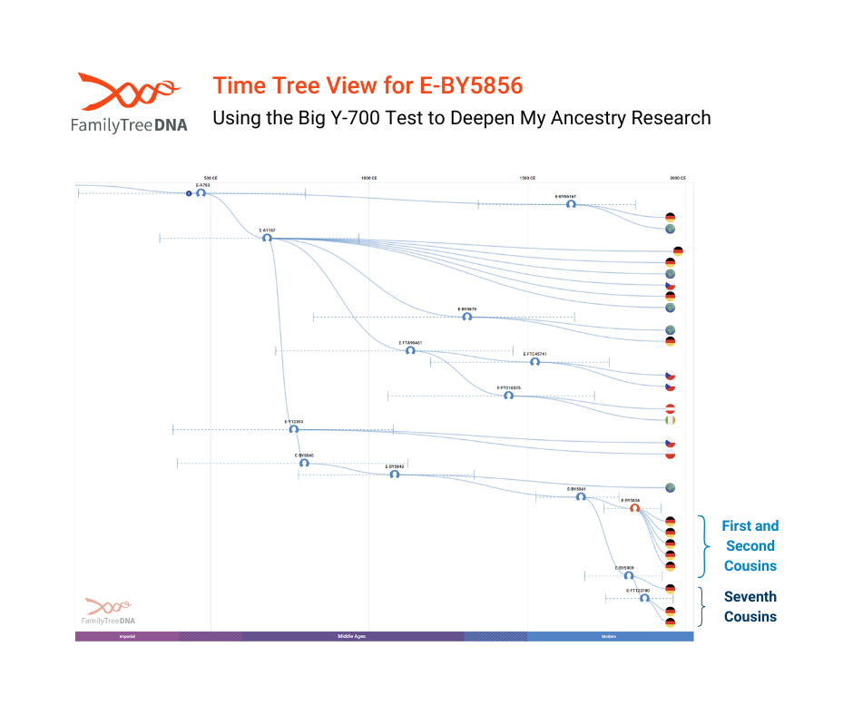 Time Tree showing haplogroup E-BY5856 branching across generations and shared paternal ancestry in Europe.