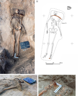 Grave 75 at Pień, Poland, showing a young woman’s skeleton with a sickle across her neck and a padlock on her toe