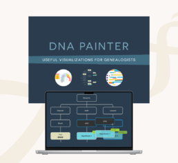 Laptop showing DNA Painter charts and segment maps used to visualize DNA matches and support family history research.