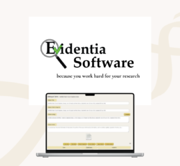 Computers showing Evidentia genealogy software interface for sourcing, evidence analysis, and structured family history research tools.