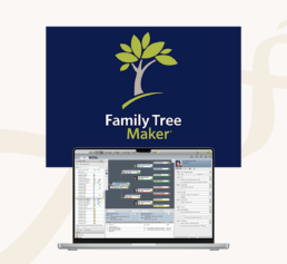 Family Tree Maker software interface on a laptop beneath the FTM logo, showing tools for building and organizing a family tree.